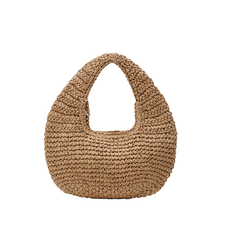 Beach-style Straw Sand Beach Bag Solid-color Crescent-shaped Tote