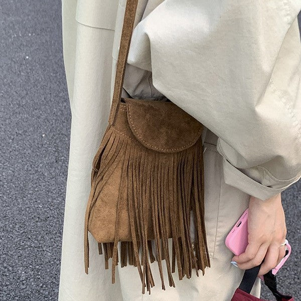 Retro Frosted Suede Tassel Mobile Phone Messenger Bag