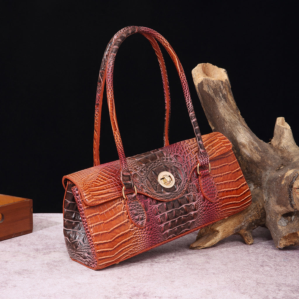 Womens Crocodile-Print Brahmin Shoulder Tote Bag