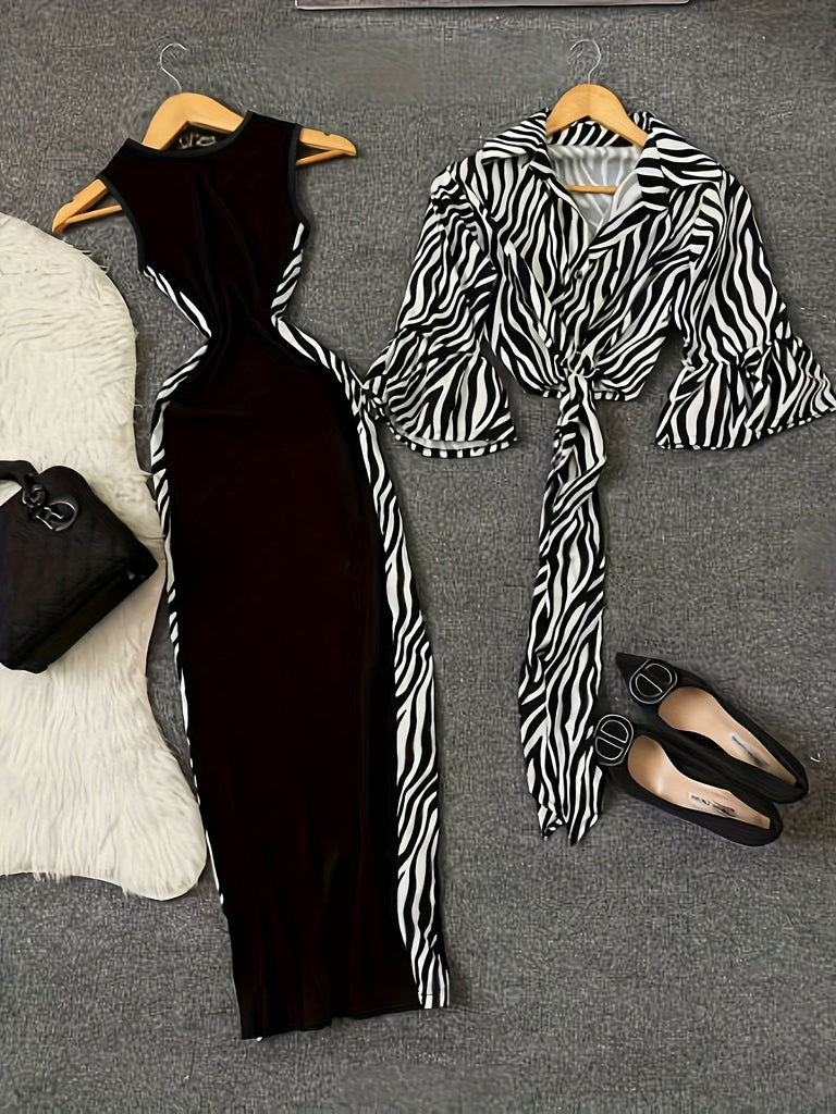 Women'S Y2K Style Leopard Print Top and Color Block Dress Set - Sleeveless, Button-Up, High-Waisted, All-Season Fashion, Casual Attire|Y2K Fashion|Sleeveless Top, Women Dresses, Women Set, Women Dress Autumn