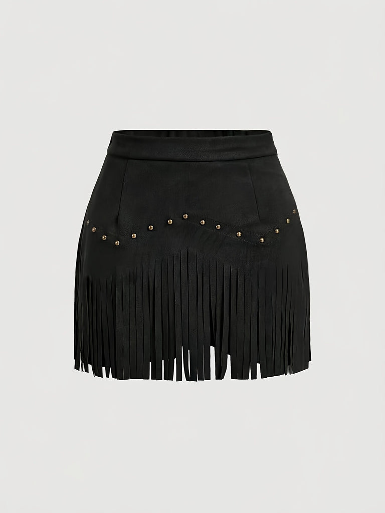 Womens Retro Rivet Tassel Mini Skirt