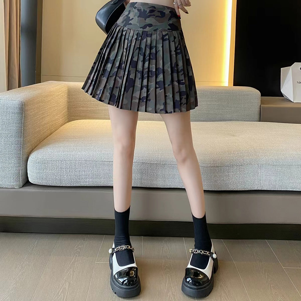 Camouflage All-Match Mid-Rise Pleated A-Line Skirt