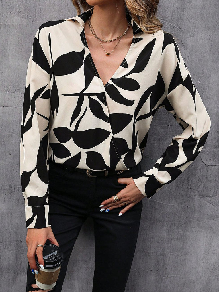 Printed V-Neck Long-Sleeve Loose Casual Fashion Top