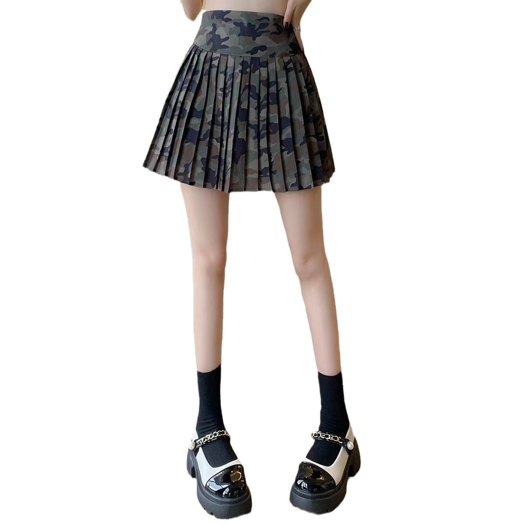 Camouflage All-Match Mid-Rise Pleated A-Line Skirt