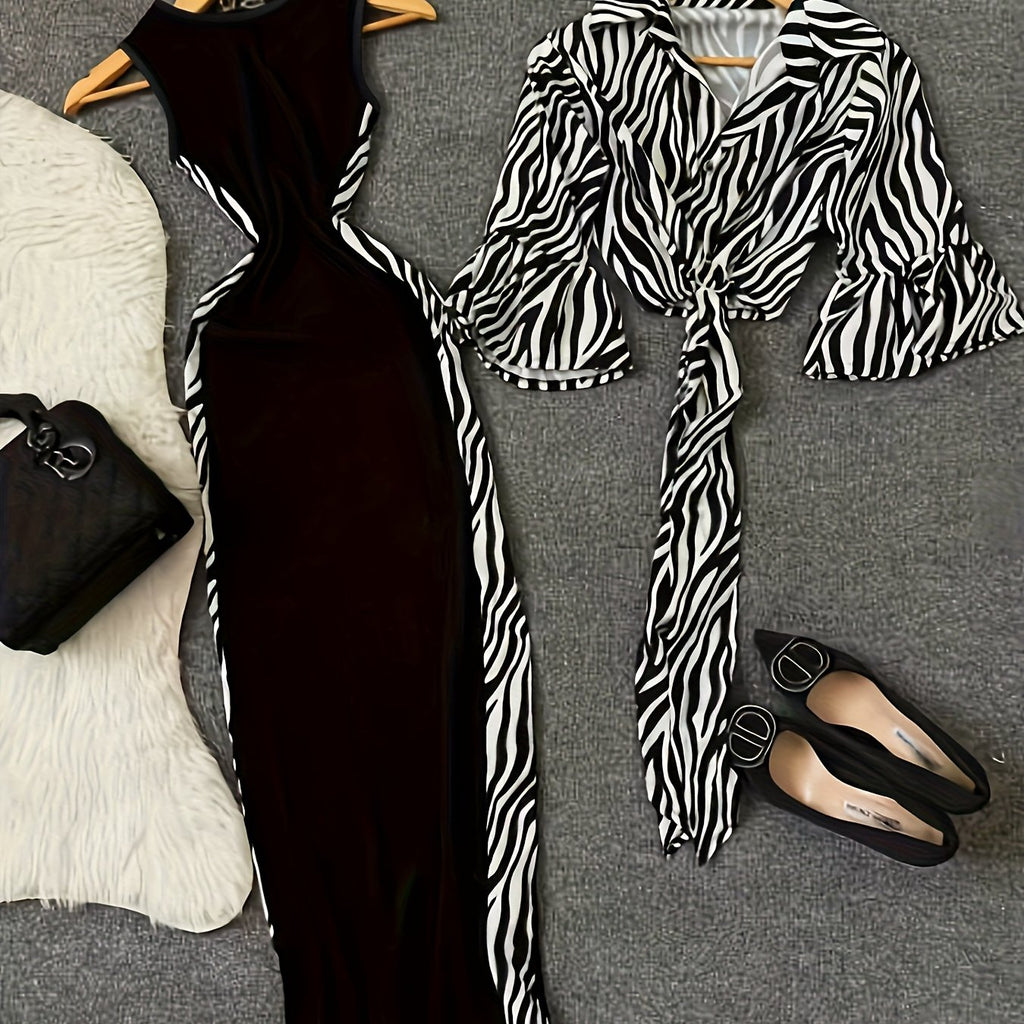 Women'S Y2K Style Leopard Print Top and Color Block Dress Set - Sleeveless, Button-Up, High-Waisted, All-Season Fashion, Casual Attire|Y2K Fashion|Sleeveless Top, Women Dresses, Women Set, Women Dress Autumn