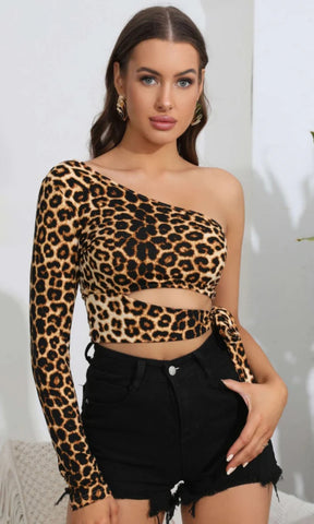 Leopard Cutout One-Shoulder Cropped Top