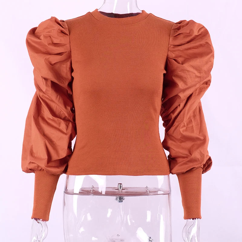 Sexy Knit T Shirt Women Spring Autumn Long Puff Sleeve Tee Shirt Ladies Ribbed Top White Vintage Tshirt Femme 2020 Black T-shirt