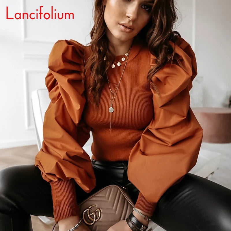 Sexy Knit T Shirt Women Spring Autumn Long Puff Sleeve Tee Shirt Ladies Ribbed Top White Vintage Tshirt Femme 2020 Black T-shirt