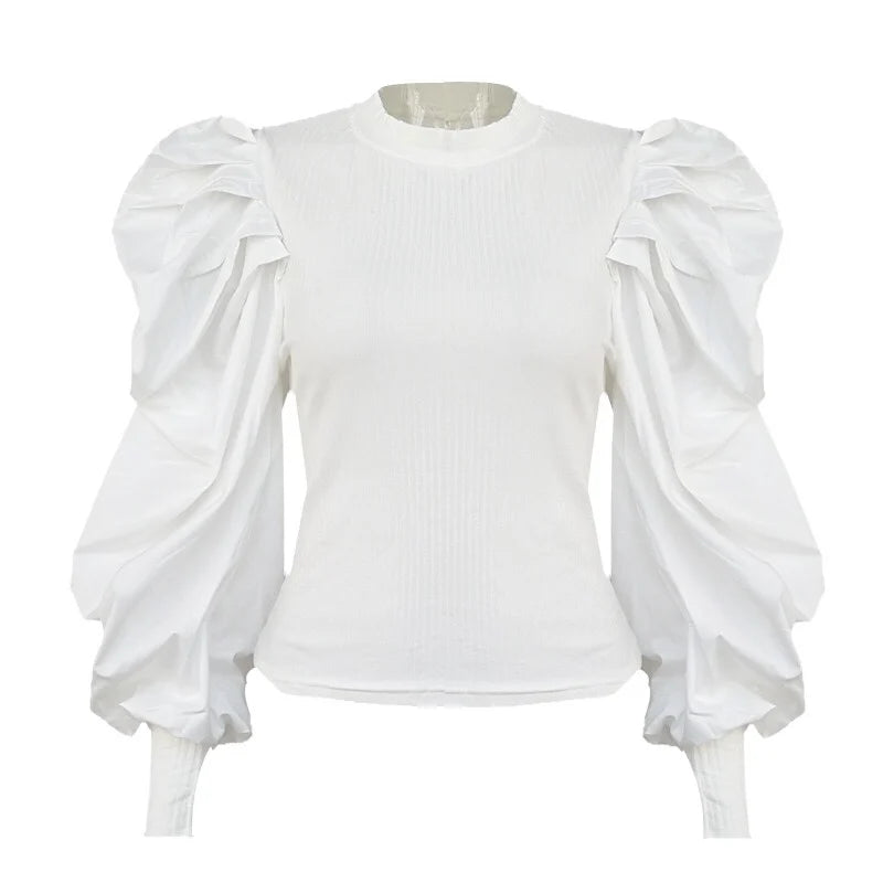 Sexy Knit T Shirt Women Spring Autumn Long Puff Sleeve Tee Shirt Ladies Ribbed Top White Vintage Tshirt Femme 2020 Black T-shirt