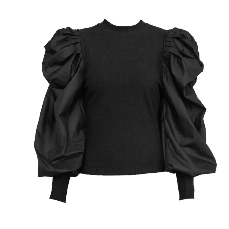 Sexy Knit T Shirt Women Spring Autumn Long Puff Sleeve Tee Shirt Ladies Ribbed Top White Vintage Tshirt Femme 2020 Black T-shirt