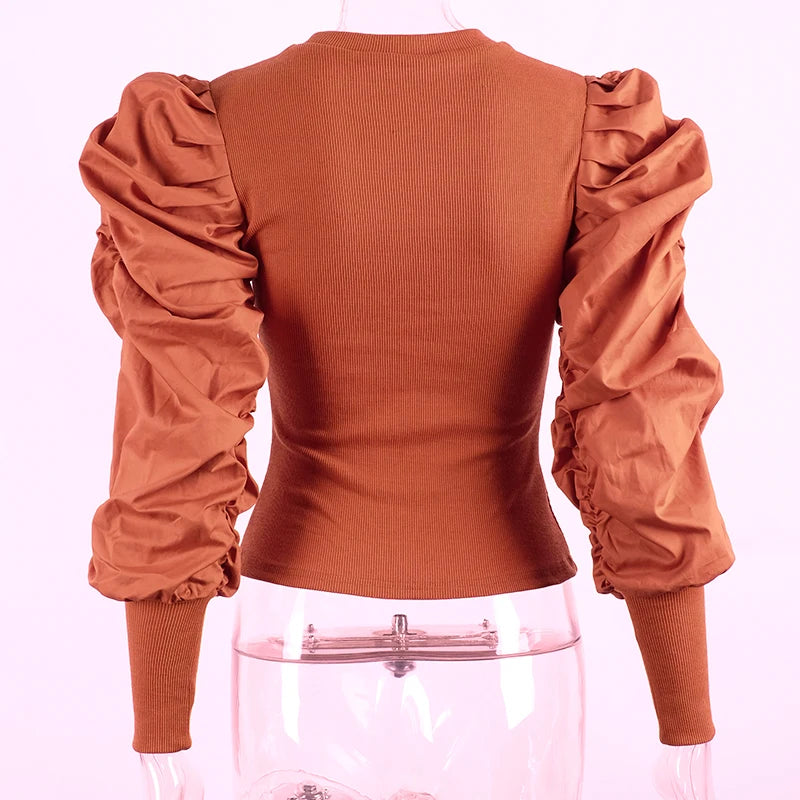 Sexy Knit T Shirt Women Spring Autumn Long Puff Sleeve Tee Shirt Ladies Ribbed Top White Vintage Tshirt Femme 2020 Black T-shirt