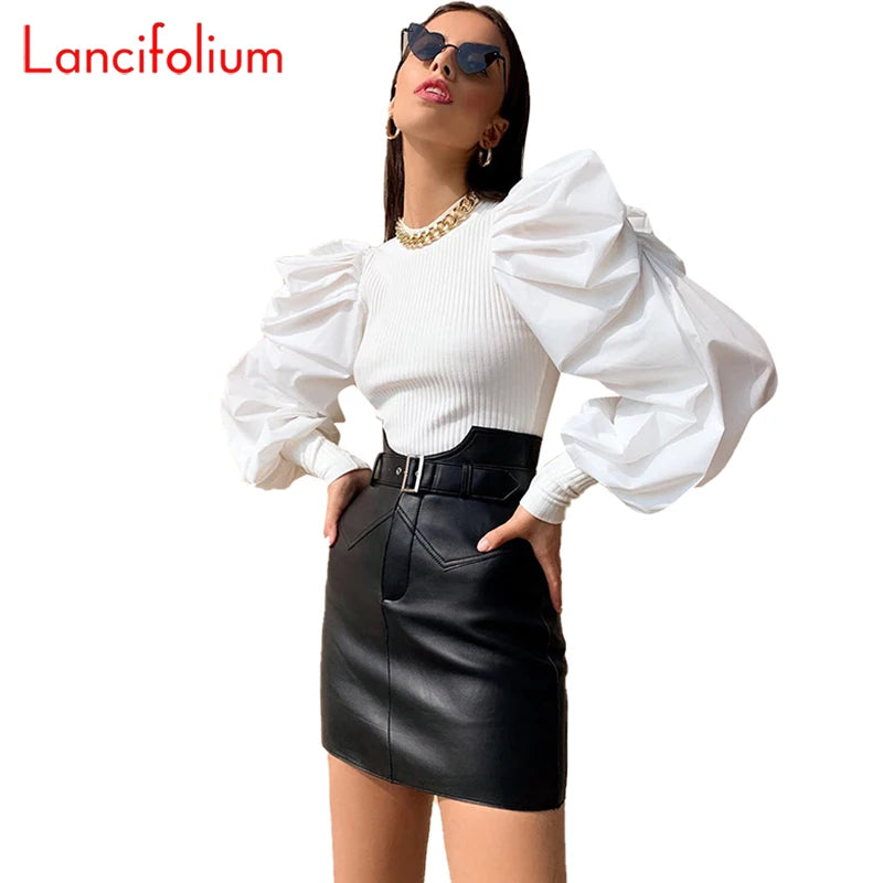 Sexy Knit T Shirt Women Spring Autumn Long Puff Sleeve Tee Shirt Ladies Ribbed Top White Vintage Tshirt Femme 2020 Black T-shirt