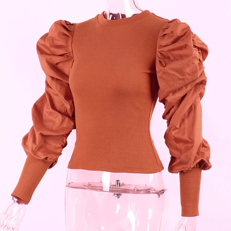 Sexy Knit T Shirt Women Spring Autumn Long Puff Sleeve Tee Shirt Ladies Ribbed Top White Vintage Tshirt Femme 2020 Black T-shirt
