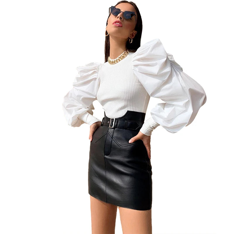 Sexy Knit T Shirt Women Spring Autumn Long Puff Sleeve Tee Shirt Ladies Ribbed Top White Vintage Tshirt Femme 2020 Black T-shirt