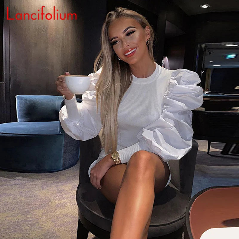 Sexy Knit T Shirt Women Spring Autumn Long Puff Sleeve Tee Shirt Ladies Ribbed Top White Vintage Tshirt Femme 2020 Black T-shirt