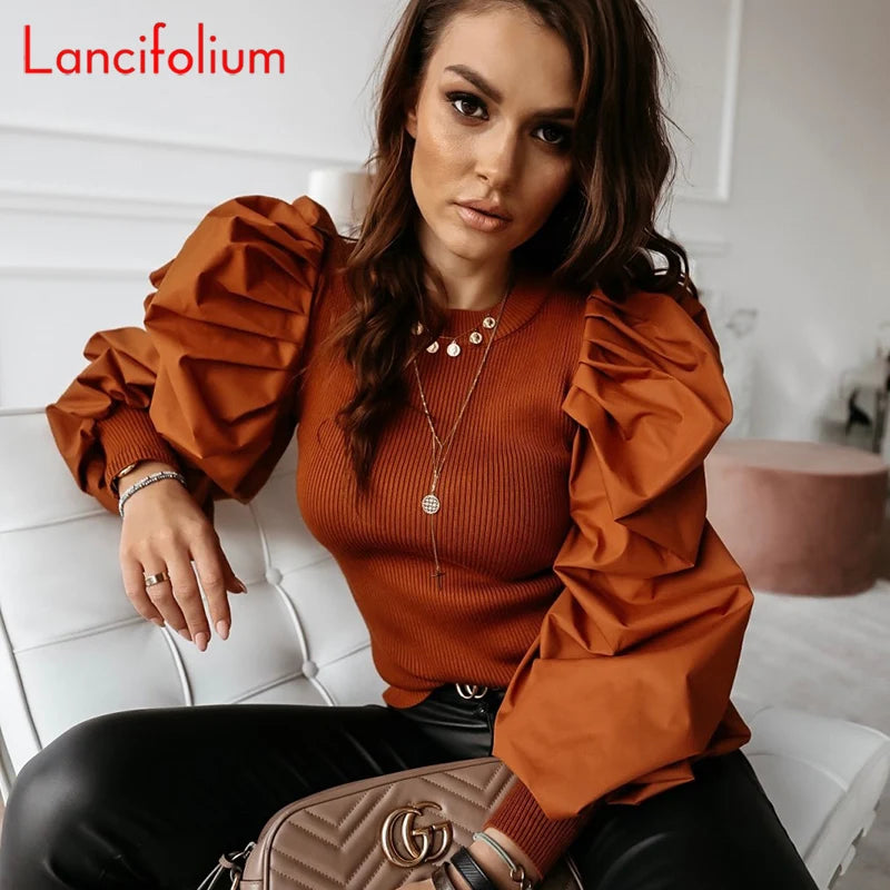 Sexy Knit T Shirt Women Spring Autumn Long Puff Sleeve Tee Shirt Ladies Ribbed Top White Vintage Tshirt Femme 2020 Black T-shirt