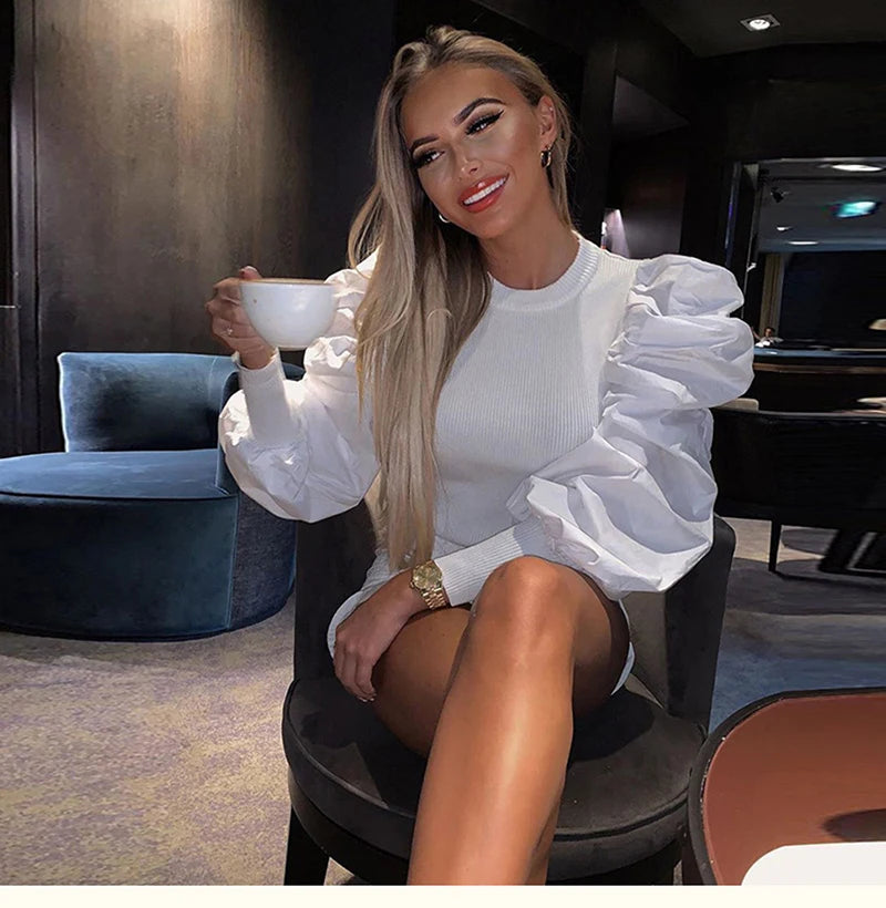 Sexy Knit T Shirt Women Spring Autumn Long Puff Sleeve Tee Shirt Ladies Ribbed Top White Vintage Tshirt Femme 2020 Black T-shirt