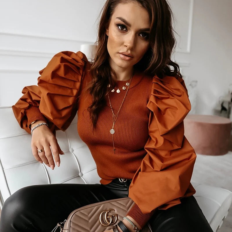 Sexy Knit T Shirt Women Spring Autumn Long Puff Sleeve Tee Shirt Ladies Ribbed Top White Vintage Tshirt Femme 2020 Black T-shirt