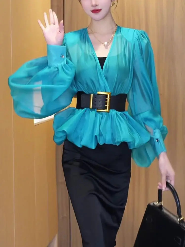Spring and summer light mesh micro-transparent bubble sleeve shirt women's 2025 spring new high-end temperament V-neck top