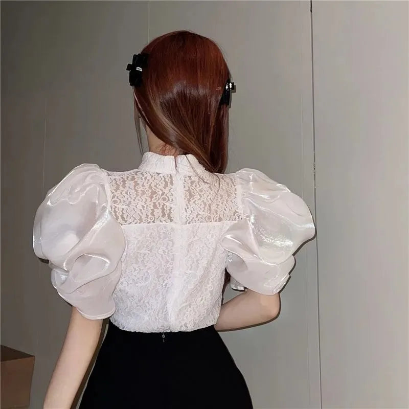 Women  Blouse Ruffled  Mesh  Summer Casual Loose Tops Korean Fashion Lantern Short Sleeve Shirts Vintage Solid Round Neck Tee