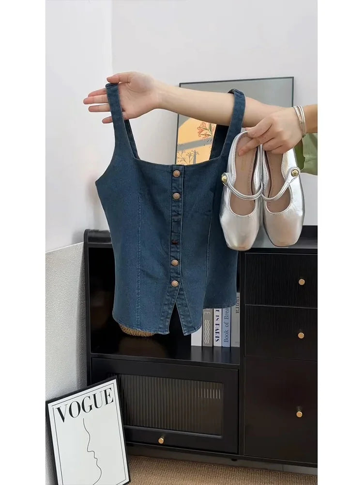 Retro Color Blo Denim Square Collar Vest Strap Women's ort Svel Top Summer New Sle Outdoor Wear Hot Girl