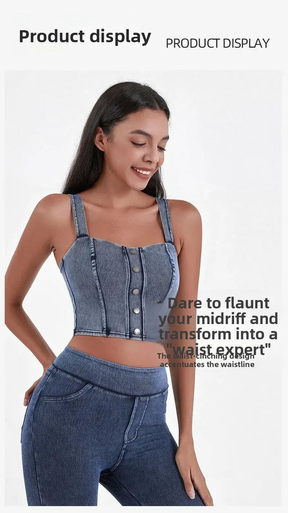 Women's Imitation Denim Fitn Yoga Vest High Elastici A-Line Narrow Strap Vest Eco-Friendly RPET Material No Chest Pad