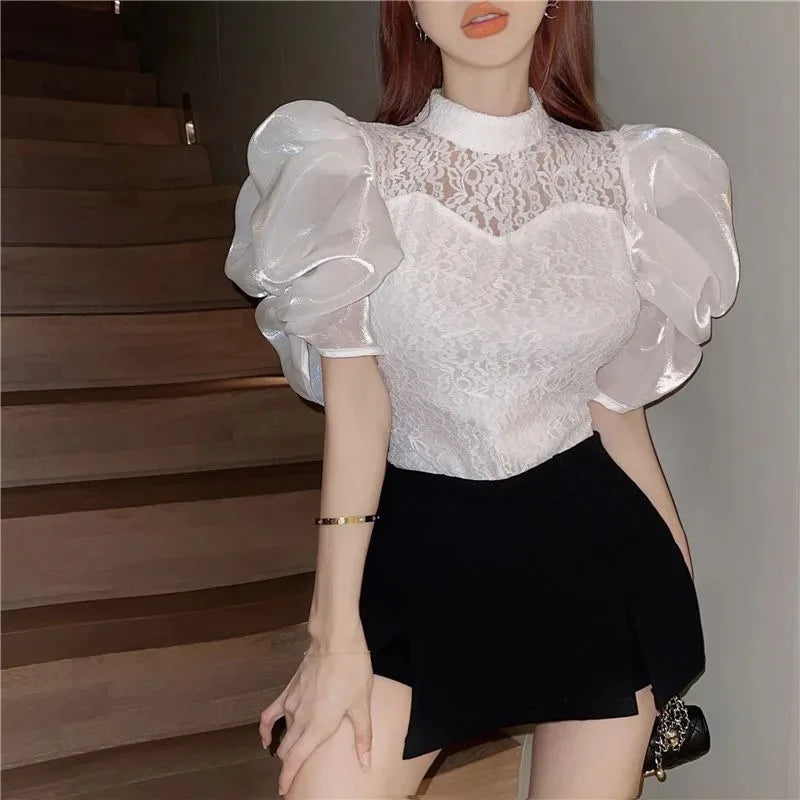 Women  Blouse Ruffled  Mesh  Summer Casual Loose Tops Korean Fashion Lantern Short Sleeve Shirts Vintage Solid Round Neck Tee