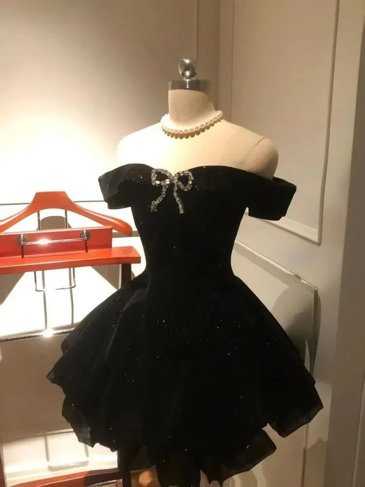 Black Evening Party Dress Woman Gothic Off Shoulder American Vintage Y2k Mini Dress Female Office Lady Birthday Outfits Korean