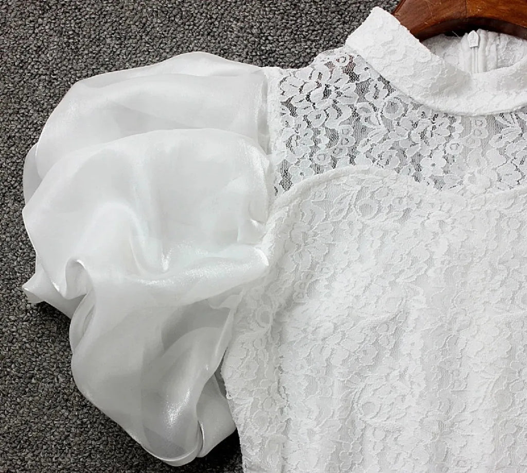Women  Blouse Ruffled  Mesh  Summer Casual Loose Tops Korean Fashion Lantern Short Sleeve Shirts Vintage Solid Round Neck Tee