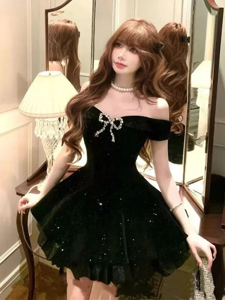 Black Evening Party Dress Woman Gothic Off Shoulder American Vintage Y2k Mini Dress Female Office Lady Birthday Outfits Korean