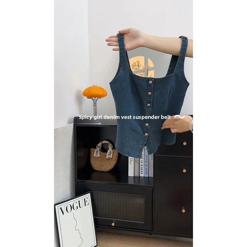 Retro Color Blo Denim Square Collar Vest Strap Women's ort Svel Top Summer New Sle Outdoor Wear Hot Girl