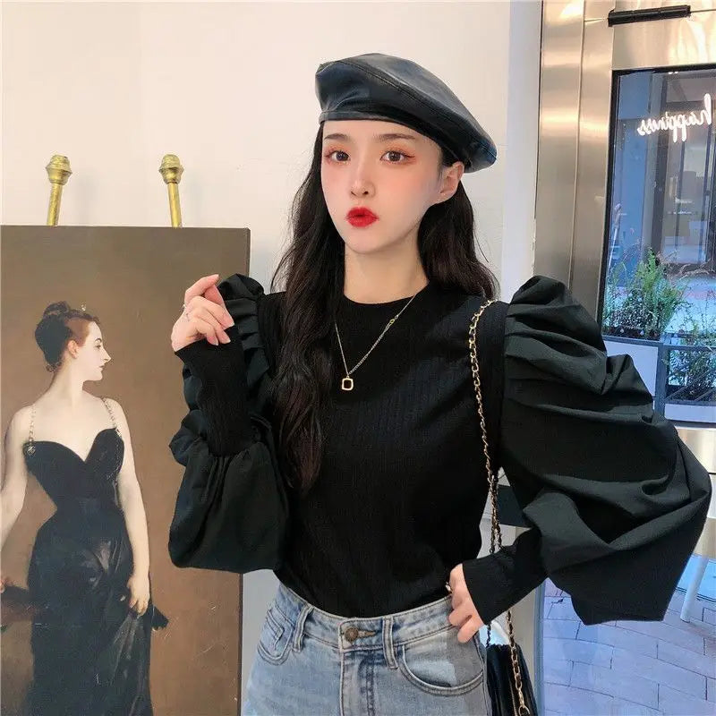 Ele White Bubble Sve Base irt Women's Unique Design Small ence 2025 New Autumn Winter Chic f High Collar Top