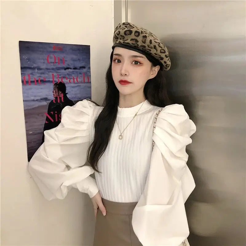 Ele White Bubble Sve Base irt Women's Unique Design Small ence 2025 New Autumn Winter Chic f High Collar Top