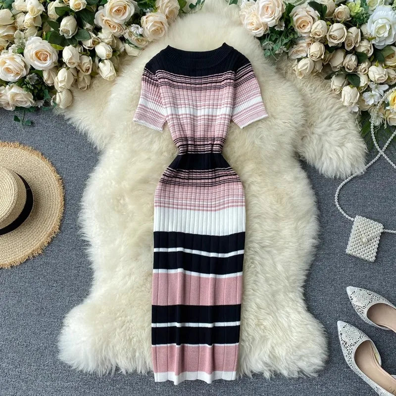 YuooMuoo Lady Stripes Knitted Bodycon Office Dress Summer Slim Elastic Sexy Package Hips Party Dress Women Outfits Vestidos