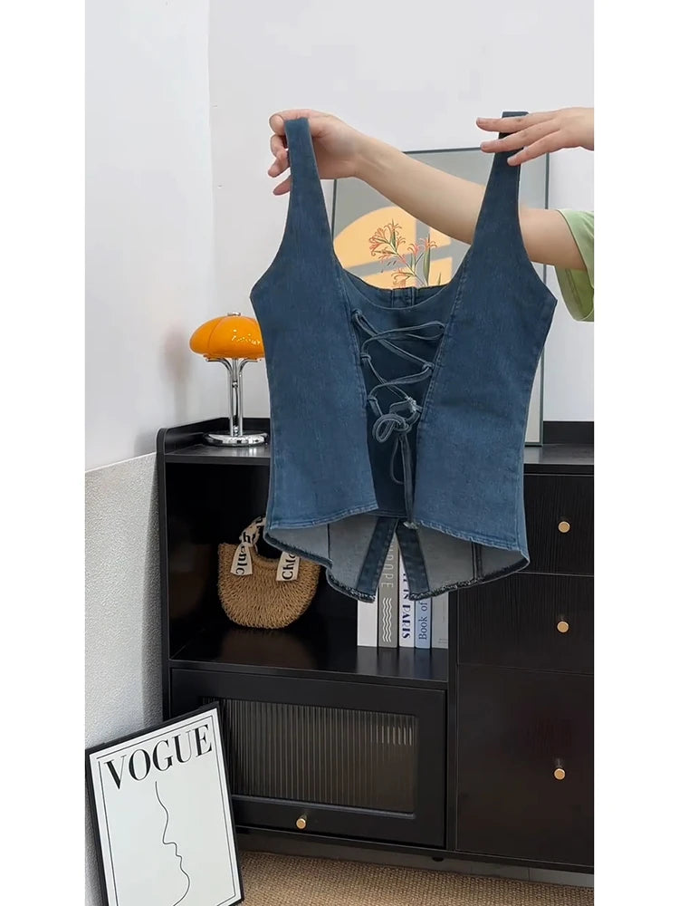 Retro Color Blo Denim Square Collar Vest Strap Women's ort Svel Top Summer New Sle Outdoor Wear Hot Girl