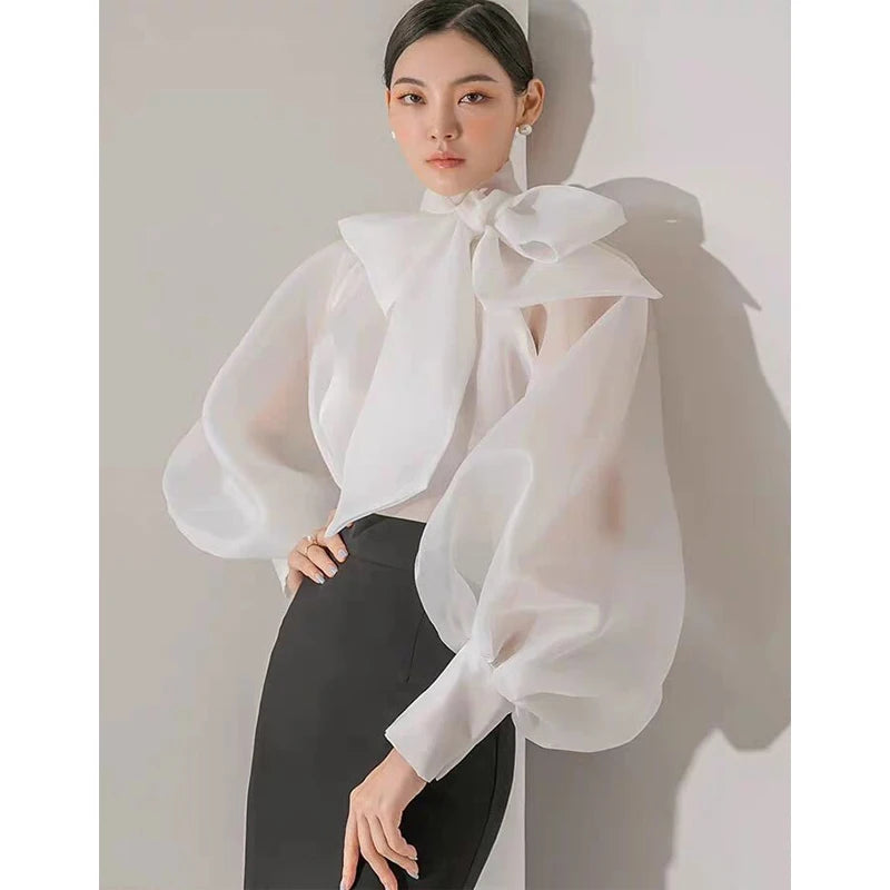 Korean Sle  Knot Bubble Sve irt Women's New 2026 Ele Faionable Chiffon See-tough Top Long Sve Stan...