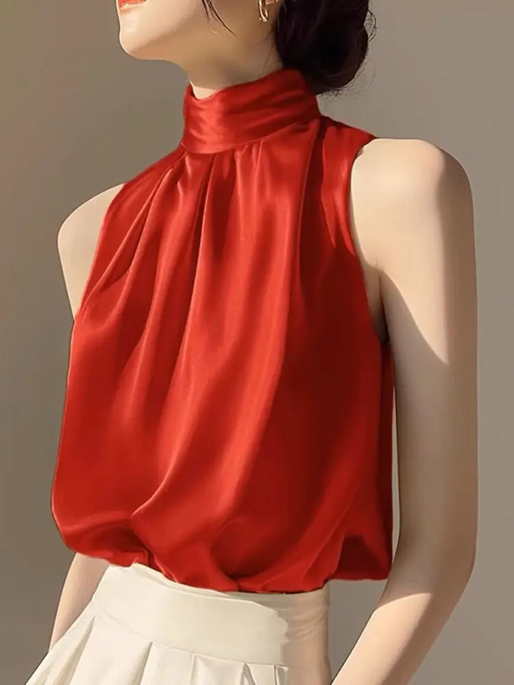 Fashionable Summer Women's Sleeveless Neck Hanging Vest Shirt Chiffon Satin Fabric Korean Style Loose Fit  Color Top