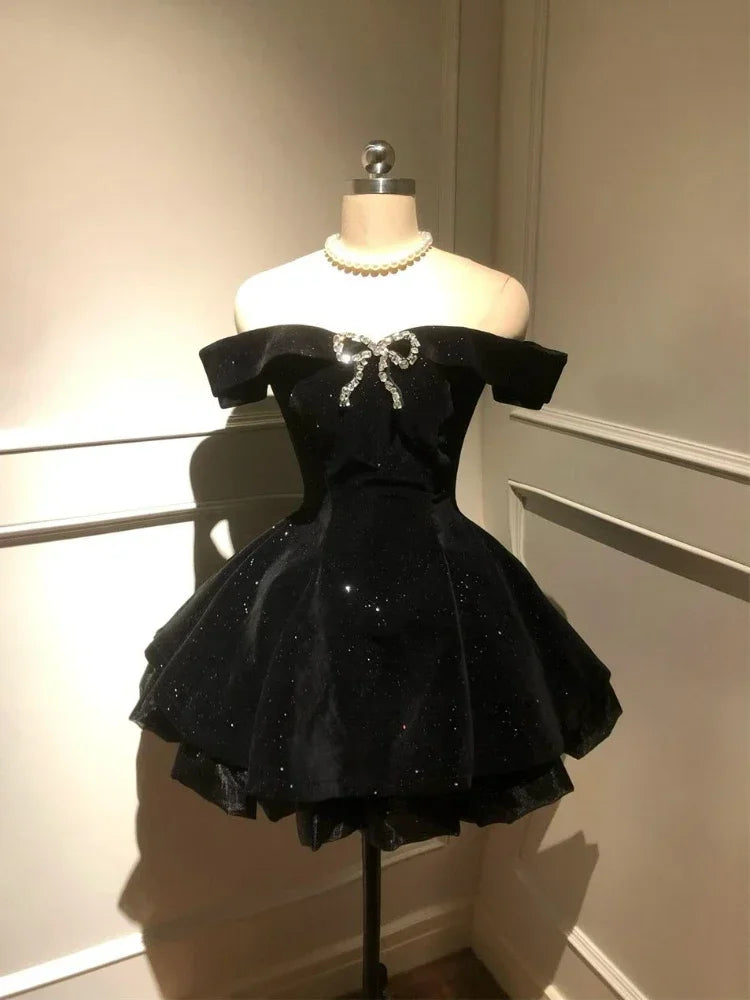 Black Evening Party Dress Woman Gothic Off Shoulder American Vintage Y2k Mini Dress Female Office Lady Birthday Outfits Korean