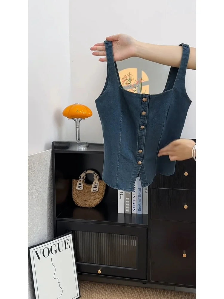 Retro Color Blo Denim Square Collar Vest Strap Women's ort Svel Top Summer New Sle Outdoor Wear Hot Girl