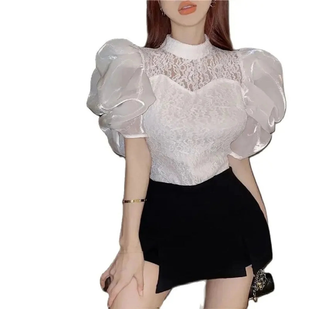 Women  Blouse Ruffled  Mesh  Summer Casual Loose Tops Korean Fashion Lantern Short Sleeve Shirts Vintage Solid Round Neck Tee