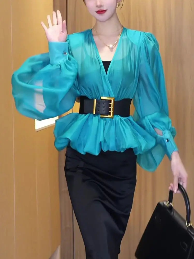 Spring and summer light mesh micro-transparent bubble sleeve shirt women's 2025 spring new high-end temperament V-neck top