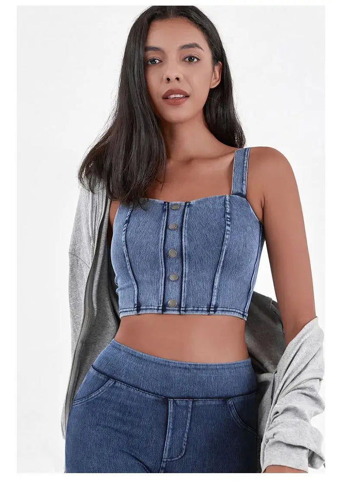 Women's Imitation Denim Fitn Yoga Vest High Elastici A-Line Narrow Strap Vest Eco-Friendly RPET Material No Chest Pad