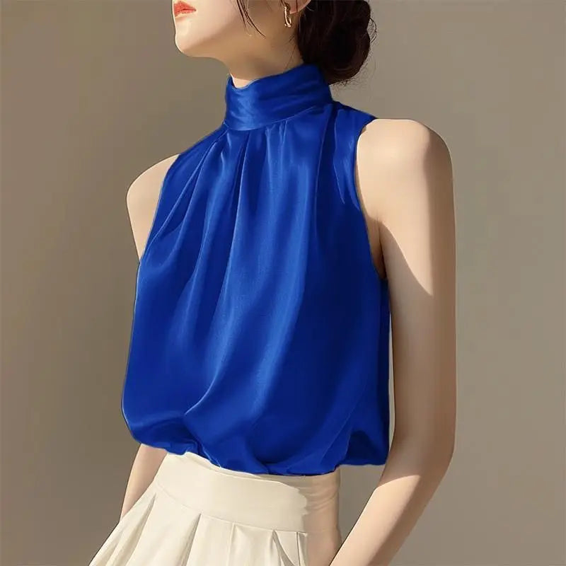 Fashionable Summer Women's Sleeveless Neck Hanging Vest Shirt Chiffon Satin Fabric Korean Style Loose Fit  Color Top