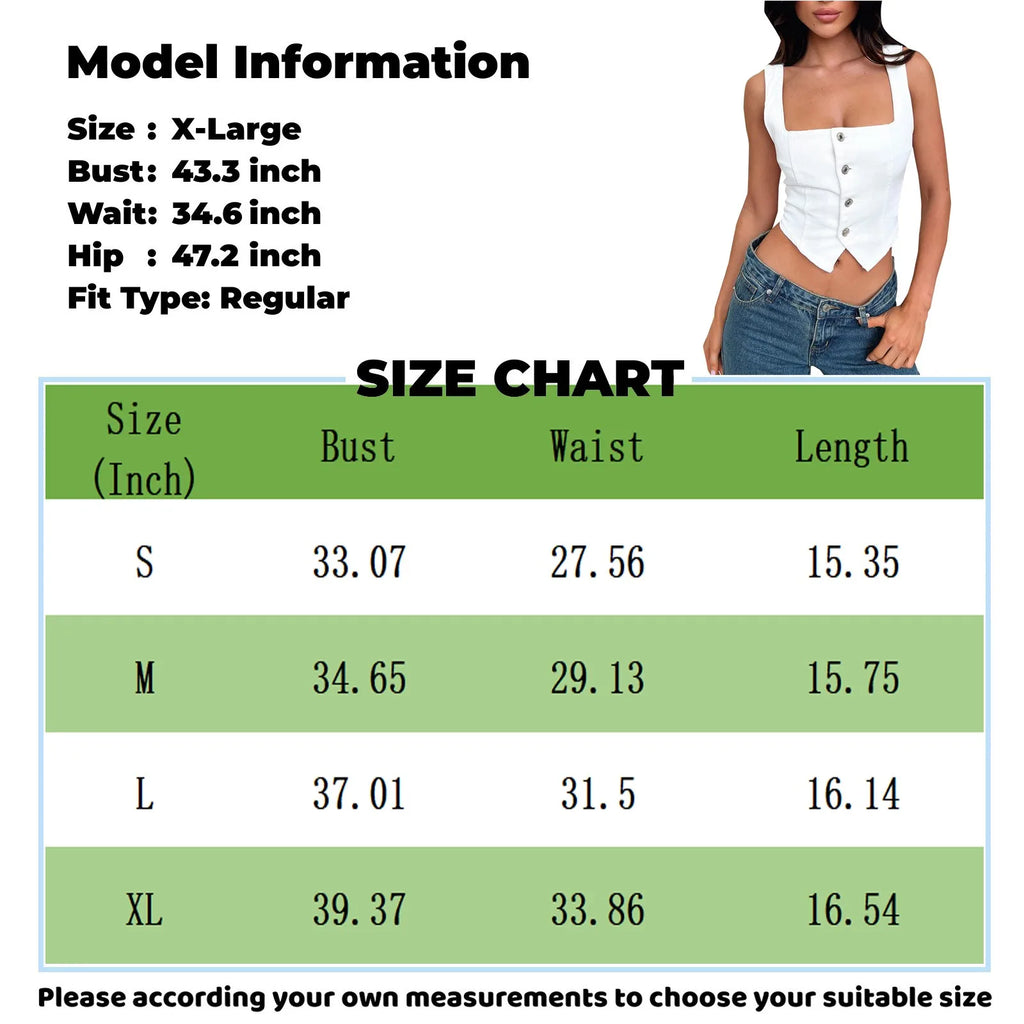 Fashion Slimming Streetwear Square Neck Denim Tops Women's Sexy Sleeveless Suspender Button Down Crop Solid Color Basic Tank Top