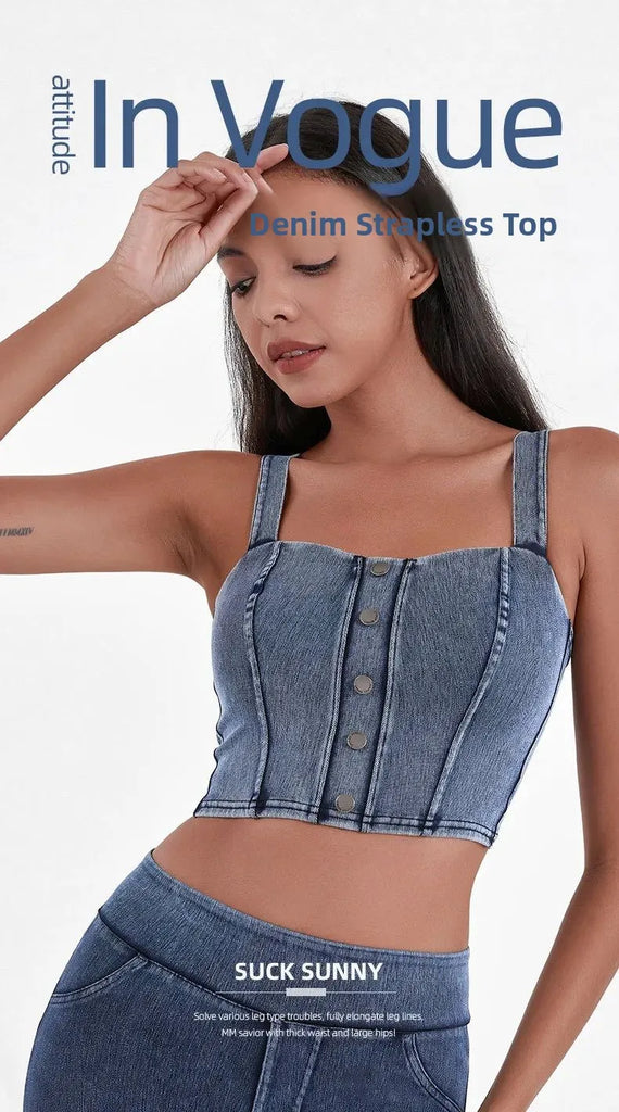 Women's Imitation Denim Fitn Yoga Vest High Elastici A-Line Narrow Strap Vest Eco-Friendly RPET Material No Chest Pad