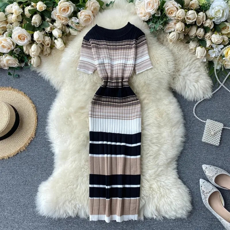YuooMuoo Lady Stripes Knitted Bodycon Office Dress Summer Slim Elastic Sexy Package Hips Party Dress Women Outfits Vestidos
