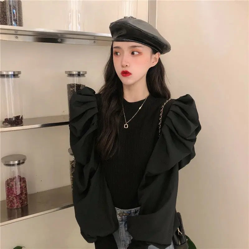 Ele White Bubble Sve Base irt Women's Unique Design Small ence 2025 New Autumn Winter Chic f High Collar Top