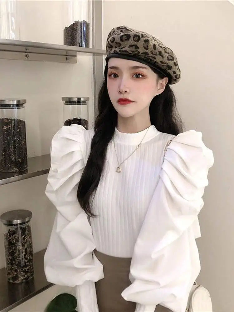 Ele White Bubble Sve Base irt Women's Unique Design Small ence 2025 New Autumn Winter Chic f High Collar Top