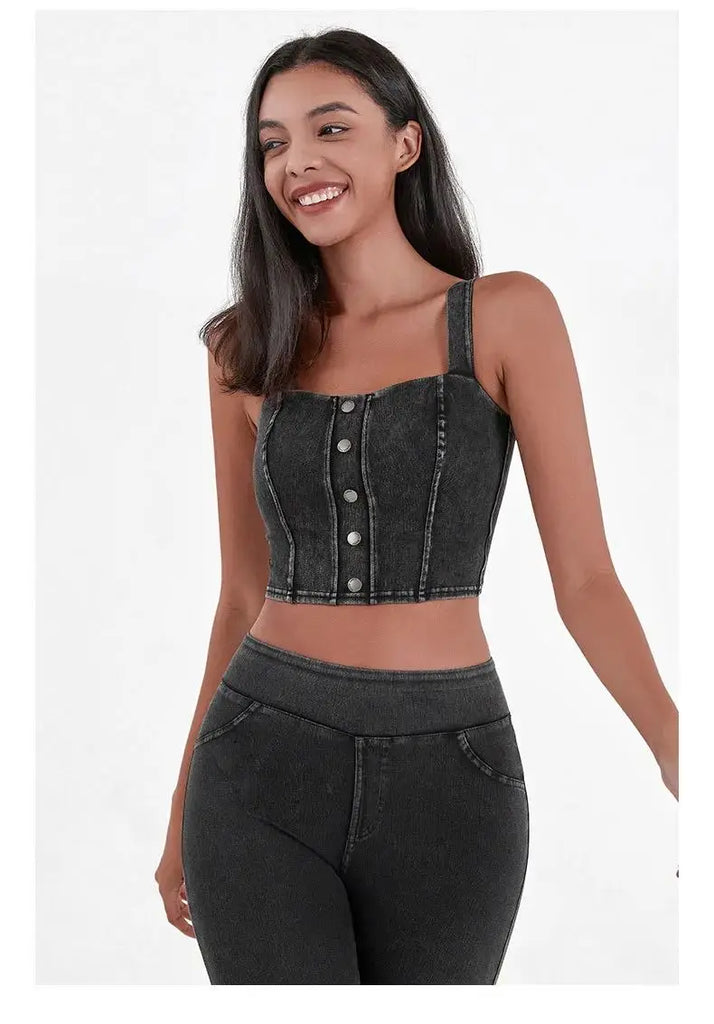 Women's Imitation Denim Fitn Yoga Vest High Elastici A-Line Narrow Strap Vest Eco-Friendly RPET Material No Chest Pad