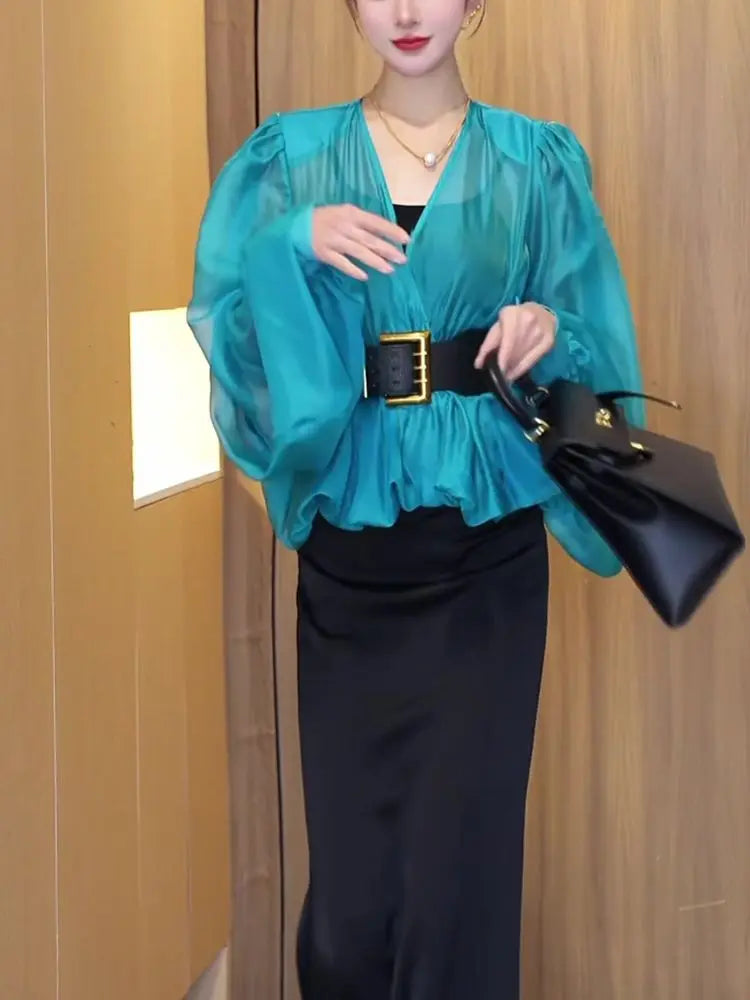 Spring and summer light mesh micro-transparent bubble sleeve shirt women's 2025 spring new high-end temperament V-neck top